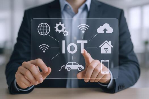 Internet of Things Concept Businessman Interacting with a Digital Display of IoT Icons and Connections photo