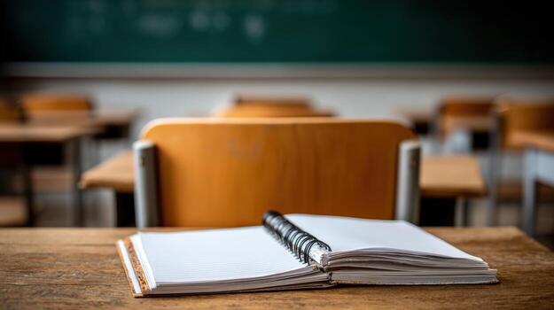 Classroom Desk with Open Notebook and Pen Ready for Student Learning and Academic Pursuits photo