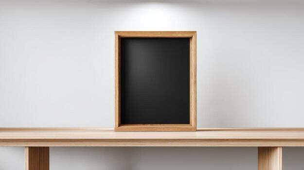 Blank Chalkboard Mockup on Wooden Table Against White Wall with Spotlight, Perfect for Displaying Menu or Promotion photo