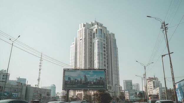 Modern Cityscape View Tall Building Against Clear Sky, Urban Architecture, and Street Scene photo