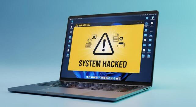 Laptop Showing System Hacked Warning Security Breach and Data Compromise Illustration photo