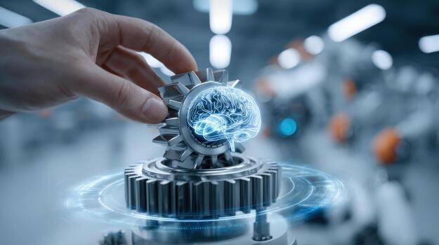 Hand Assembling Gear with Brain Hologram Representing Artificial Intelligence and Machine Learning in Manufacturing photo