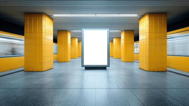 Blank Advertisement Billboard Mockup in Modern Subway Station with Blurred Train, Yellow Columns, and Tile Floor photo