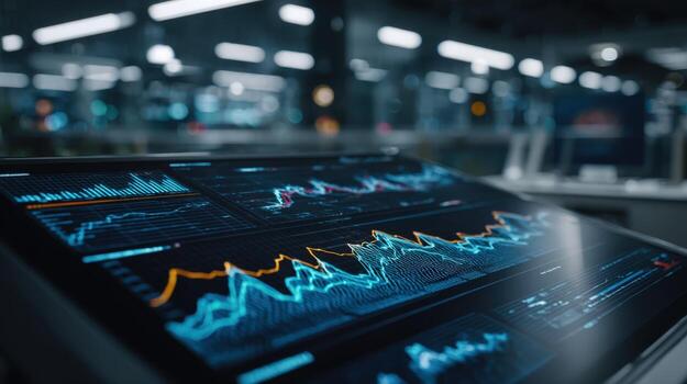 Data Analytics Dashboard Displaying Stock Market Trends and Financial Statistics in a Modern Setting photo