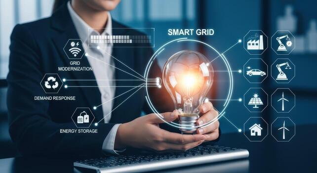 Smart grid technology innovation A visionary woman enabling a sustainable energy future with interconnected networks photo