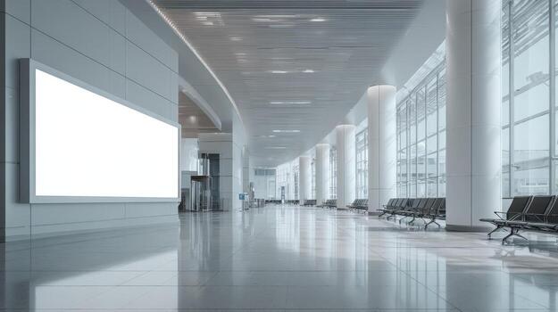 Modern Airport Terminal Waiting Area with Blank Billboard and Seating, Featuring Bright, Minimalist Architecture photo