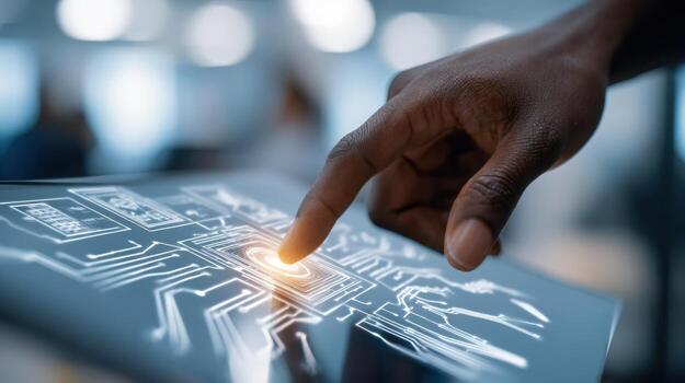African American Man Interacting with Advanced Touch Screen Technology Displaying Complex Data Charts and Information photo