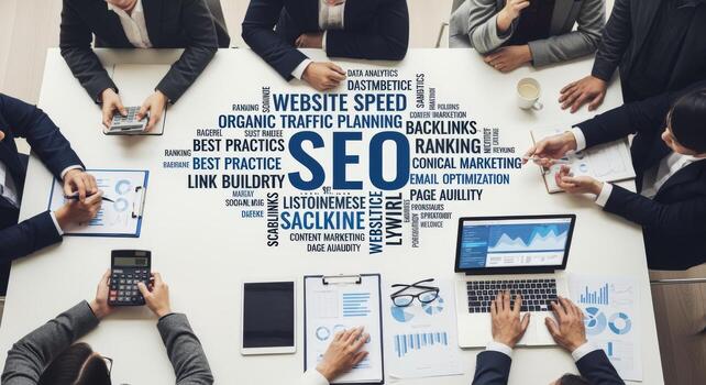 Business Team Brainstorming SEO Strategy for Website Optimization and Enhanced Online Marketing Performance, Top View photo