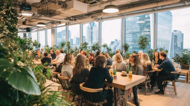 Modern Office Space with Greenery and City Views People Networking and Collaborating at Tables photo