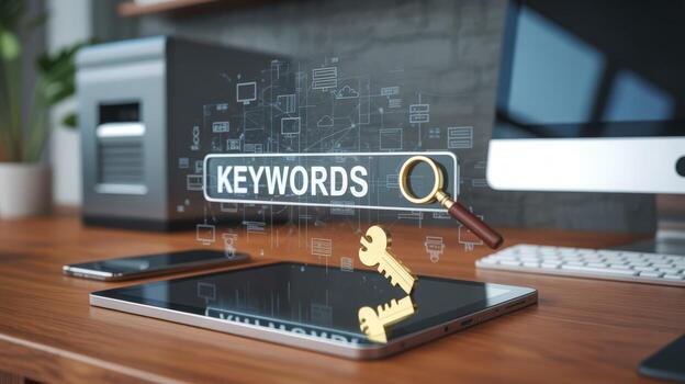 Keywords Search Concept Magnifying Glass, Golden Key, Tablet, Modern Tech, Representing Search Engine Optimization photo