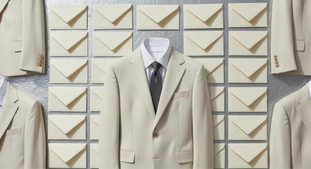 elegante beige traje chaqueta con un corbata, arreglado en contra un modelo de neutral de colores sobres foto