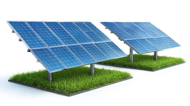 Solar Panel Array on Grass Sustainable Energy Concept for Clean Power Generation and Eco-Friendly Technology photo