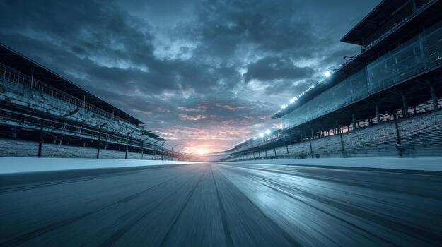 Empty Racing Track Under Dramatic Sky at Dusk, Ready for High-Speed Action and Competition photo