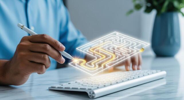 Solving Complex Problem Man Navigating a Maze with Digital Pen, Concept of Solution and Strategy photo