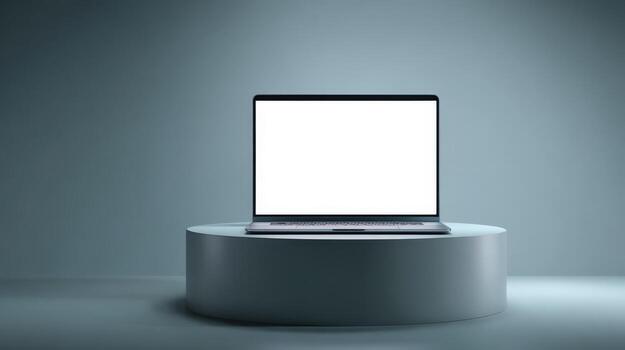 Laptop Display Mockup on a Minimalist Round Podium, Ideal for Product Presentation and Website Design photo