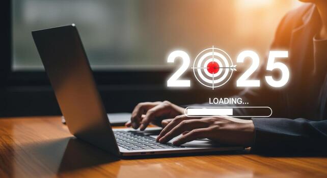 Business Professional Planning and Typing on Laptop, Targeting 2025 Goals with Loading Bar Illustration photo