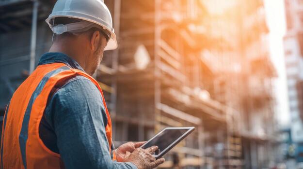 Construction Worker Using Tablet Device on Site for Planning and Project Management Overview, Modern Engineering photo