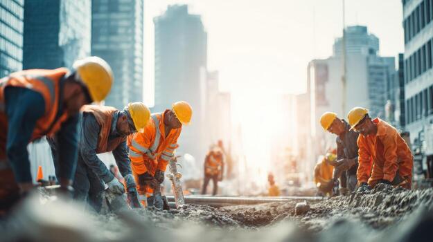 Construction Workers Team Working on Infrastructure Project in Urban Environment on a Sunny Day photo
