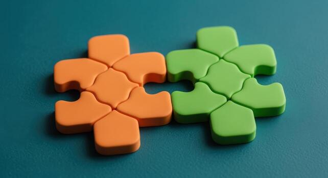 Interlocking Puzzle Pieces Symbolizing Connection, Teamwork, Partnership, and Collaboration on a Blue Background photo