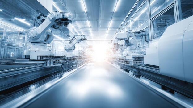 Automated Assembly Line with Robotic Arms, Modern Factory, Advanced Manufacturing and Industrial Technology photo