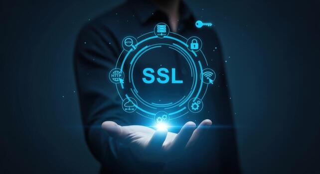 SSL Certificate Protection Concept Man Holding Hologram Display for Online Security, Encryption and Secure Data photo