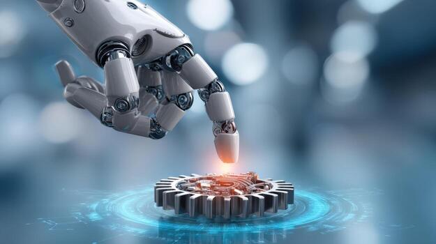 Robotic Arm Interacting with a Gear, Depicting Automation, Technology, and Future Innovation in a Technological Environment photo