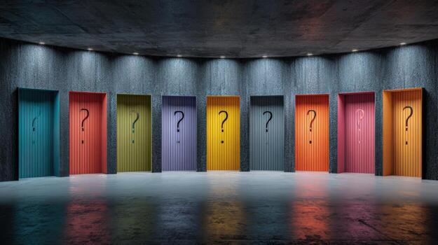 Multiple Choices Represented by Colorful Doors with Question Marks in a Dark Room, Choice and Decisions photo