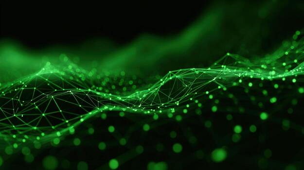 Green Technological Mesh Network Abstract Data Visualization with Glowing Nodes and Interconnected Lines on Dark Background photo