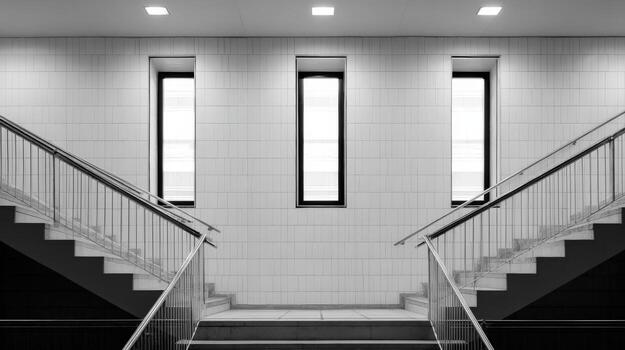 Symmetrical Staircase with Windows Architectural Design in Monochrome, Featuring Clean Lines and Geometric Patterns photo