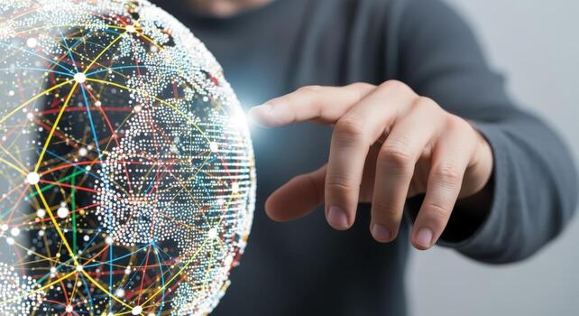 Global Network Connection Hand Touching a Digital World, Representing Technology, Communication, and Connectivity photo