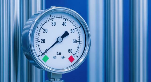 Pressure Gauge Close-Up Showing Bar Reading with Metallic Pipes in Background for Industrial Applications photo