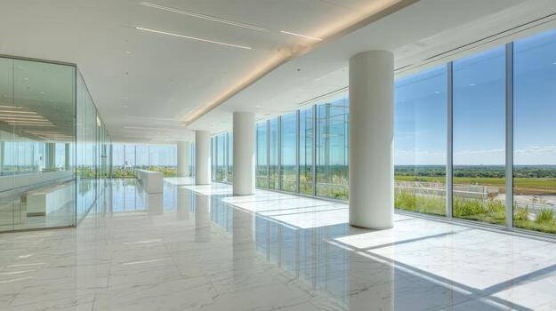 Bright Modern Office Interior with Large Windows and Open Space Design, Reflecting Natural Light on Marble Flooring photo