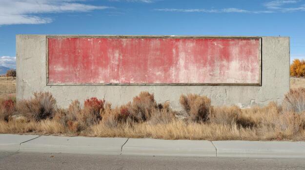 Weathered Signboard Featuring a Worn Red Panel in a Rural Landscape, Ideal for Mockups and Custom Messaging photo