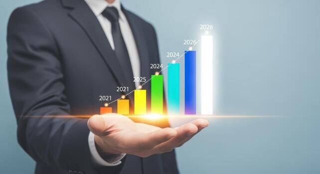 Businessman Displaying Growth Bar Chart Hologram Representing Business Development and Financial Progress Over Years photo