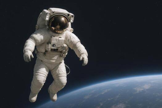 Astronaut Floating in Deep Space Above Earth, Wearing Space Suit, Exploration and Discovery Concept photo