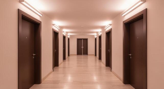 Hotel Hallway Perspective with Multiple Doors and Warm Lighting Creating a Sense of Depth and Space photo