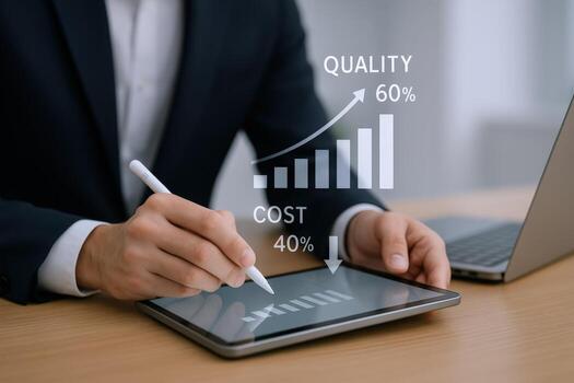 Business Professional Analyzing Growth Data on Tablet Displaying Quality Increase and Cost Reduction Metrics photo