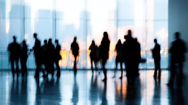 Blurred Silhouettes of People Gathering in a Modern Building Lobby with Reflected Cityscape photo
