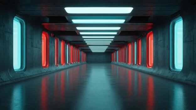 Futuristic Corridor with Neon Lighting and Geometric Design, Ideal for Sci-Fi Backgrounds and Modern Architecture photo