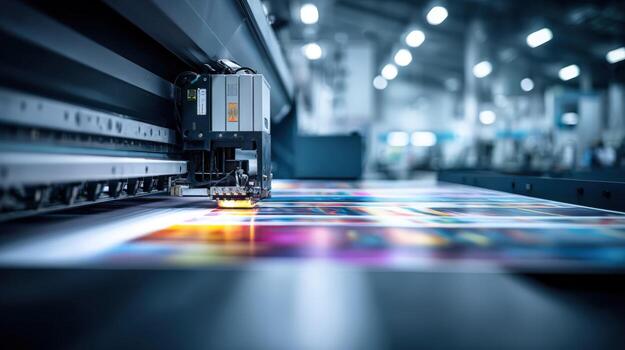 Large Format Inkjet Printer Head Printing High Resolution Image on Vinyl in a Print Shop photo