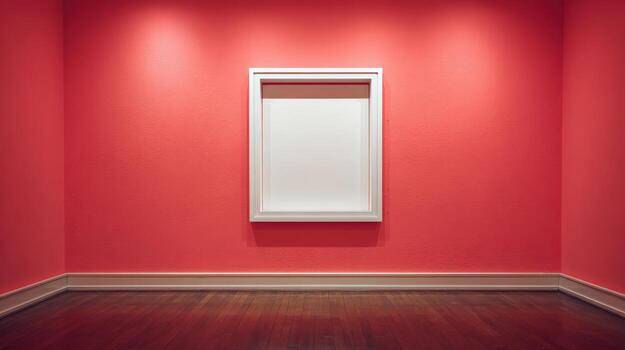 Empty white frame on coral painted wall in minimalist room setting, gallery mockup backdrop photo