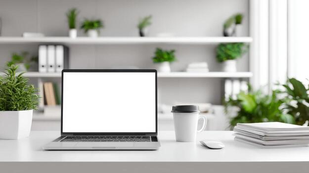 Laptop on a Modern Desk Mockup with White Screen for Creative Business and Technology Display photo