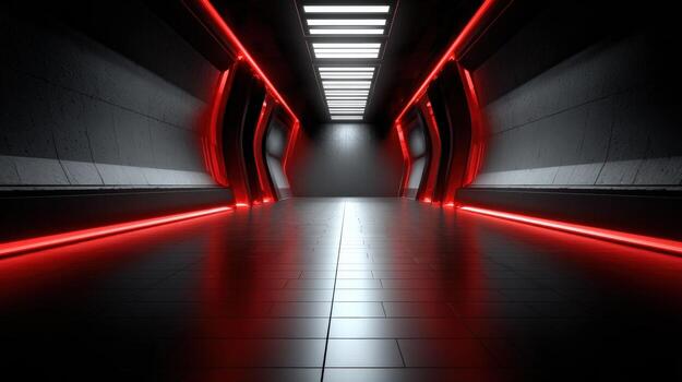 Futuristic Dark Corridor with Red and White Neon Lights, Reflective Floor, Modern Architecture photo