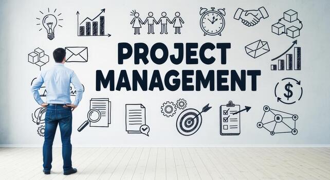 Man contemplating Project Management roadmap illustrated on the wall, ideal for business strategy and planning concept photo