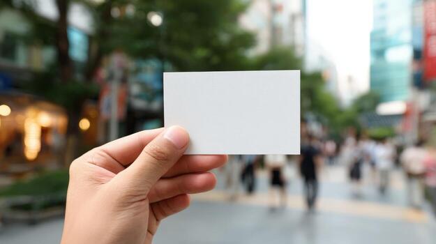 Close-up of Hand Holding Blank Business Card in City Setting, Ideal for Mockup and Advertisement photo