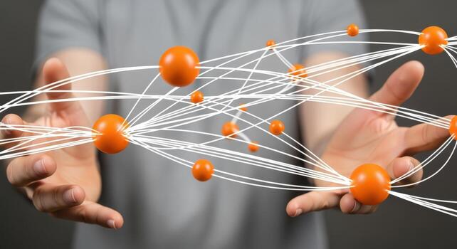 Conceptual Network of Connected Spheres Held in Open Hands, Symbolizing Global Connectivity and Digital Transformation photo