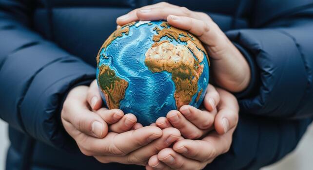 Hands Holding a Miniature Globe Representing Earth Symbol of Environmental Protection and Global Responsibility photo