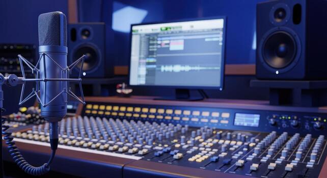 Professional Audio Recording Studio Setup with Microphone, Mixing Console, and Computer Monitor photo