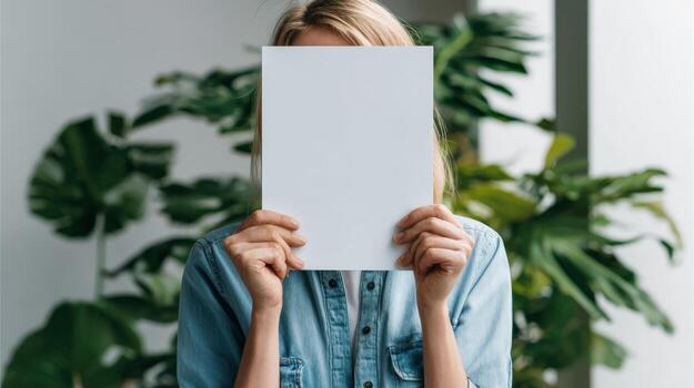 Anonymous Woman Holding Blank White Paper in Front of Face, Surrounded by Greenery, Offering Space for Message photo