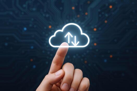 Cloud Computing Concept with Finger Touching Cloud Icon on Dark Circuit Board Background photo